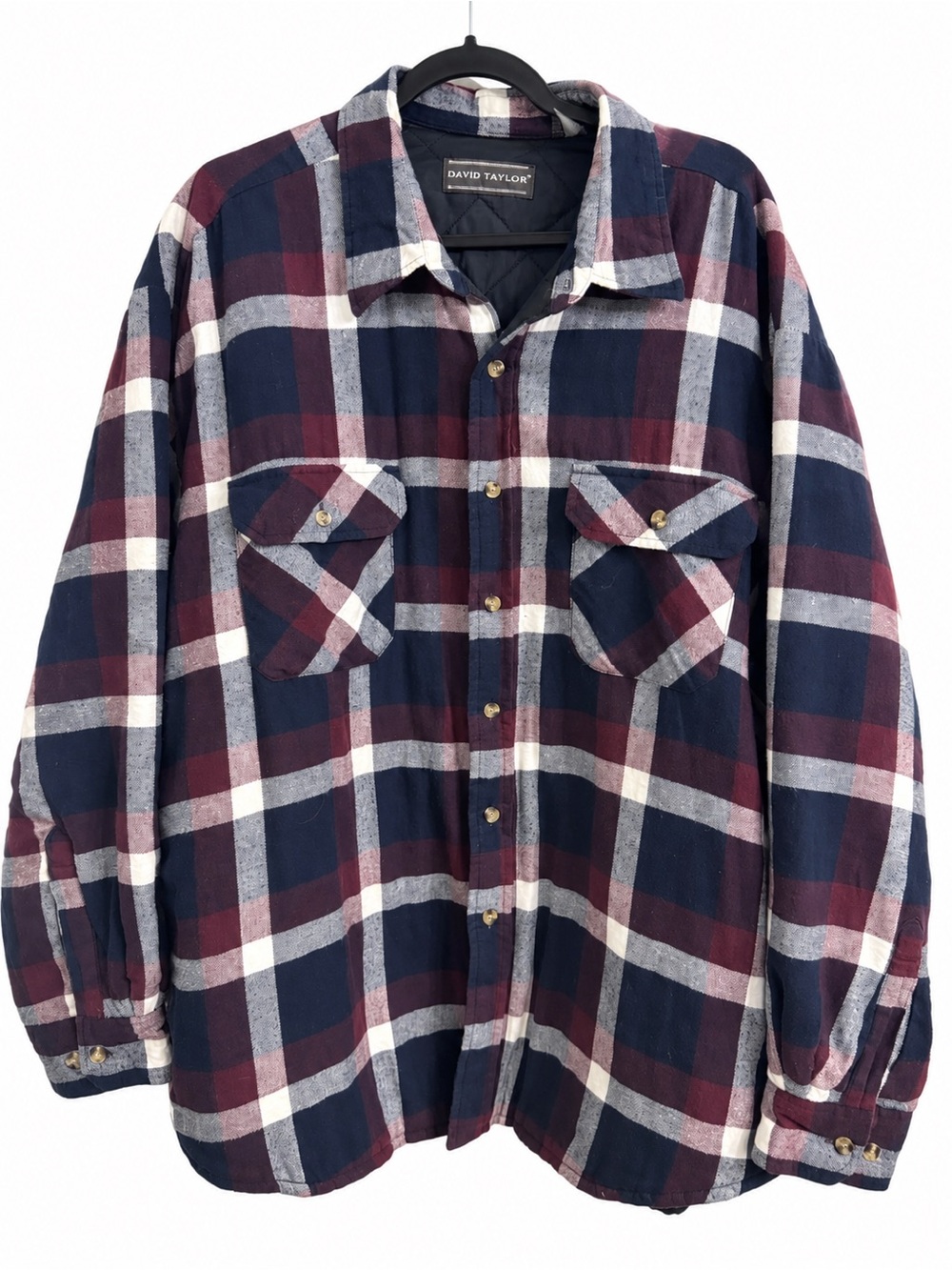 David Taylor Cotton Flannel Shirt Jacket Plaid Quilted Lined Burgundy Navy 2XL